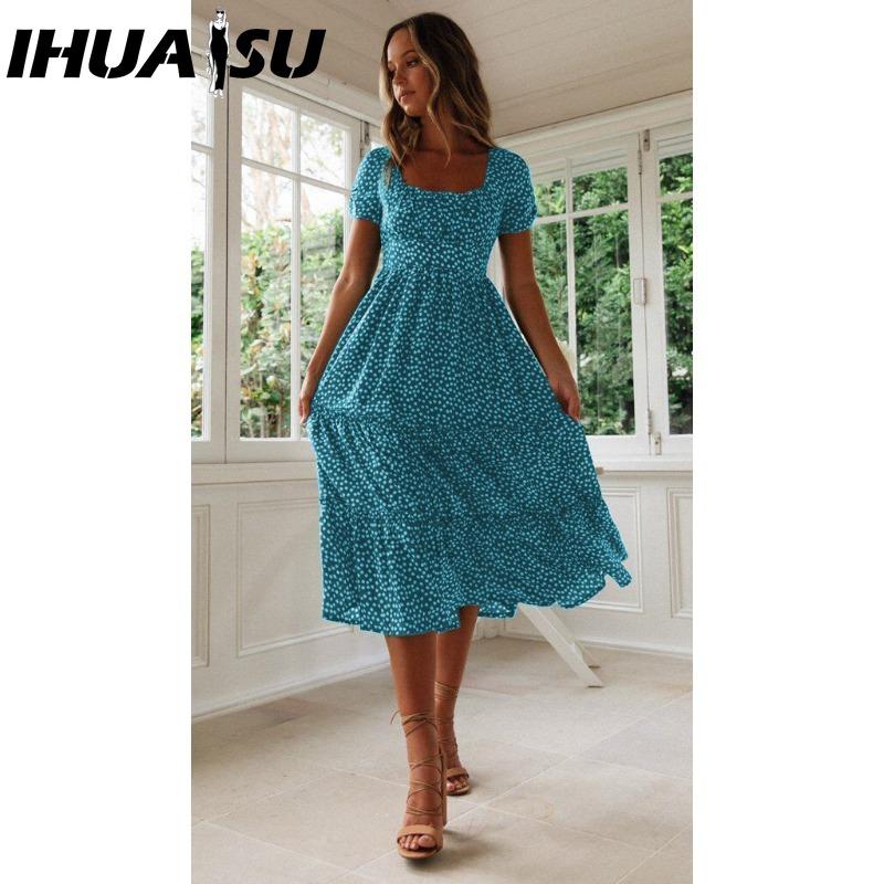 

ИГУАСУ Летнее платье в горошек Женское Повседневное А-силуэта с коротким рукавом Квадратный вырез Волан Миди платье Шифон Красный Черный Синий Зеленый XXL синий