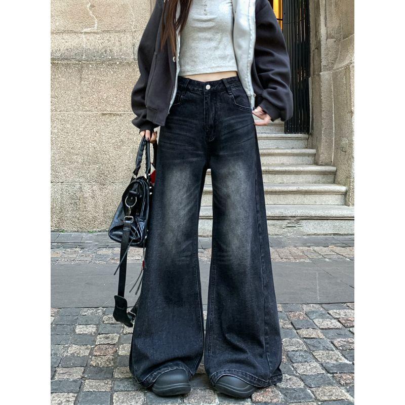 Kumikumi American Retro Black High Waist Denim Female Autumn Loose Slimming and All-Matching Loose Pants Mop Pants