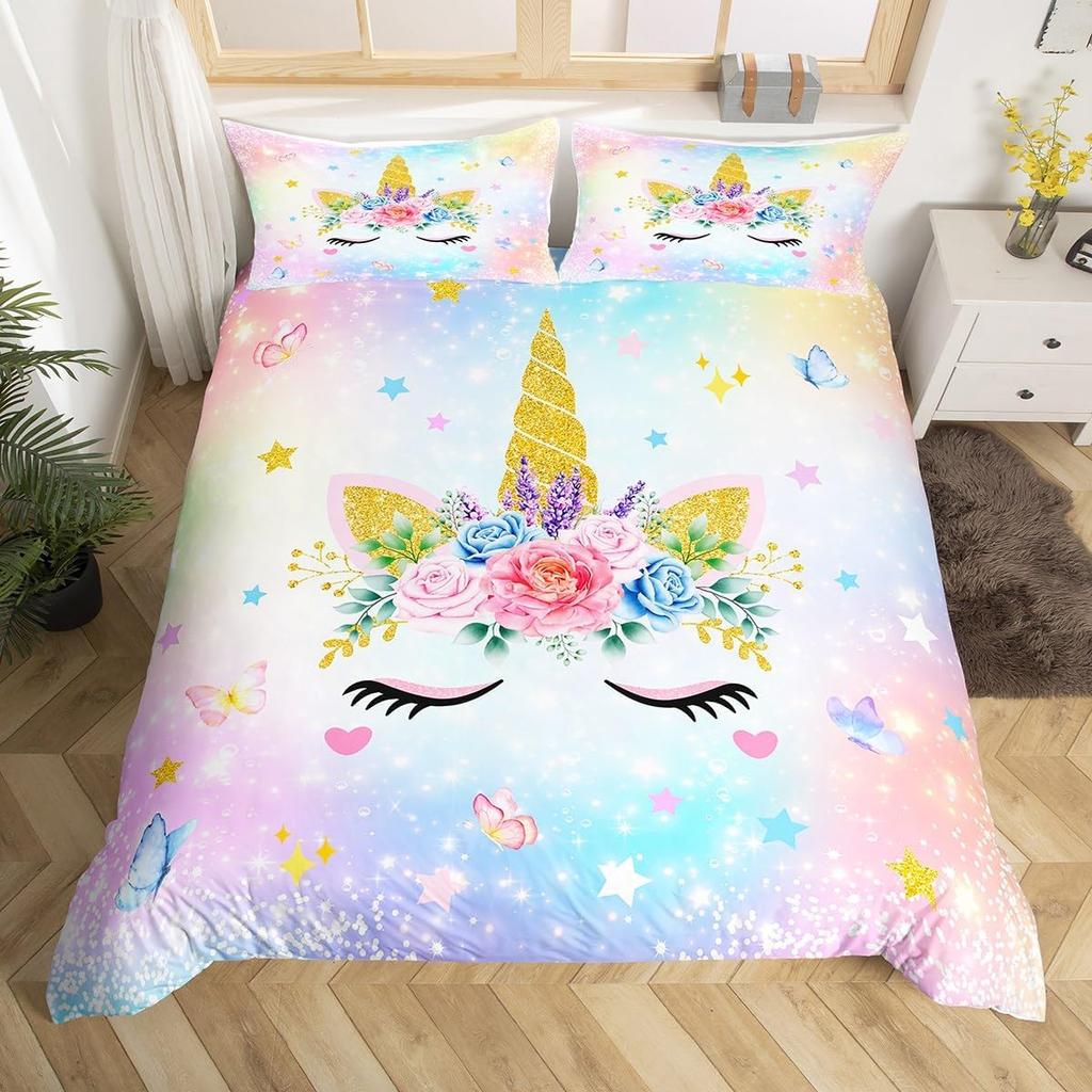 Cartoon Unicorn Duvet Cover Floral Rainbow Quilt Cover Microfiber 3D Girl's Eyelash Bedding Set Full For Kids Teen Kawaii Room
