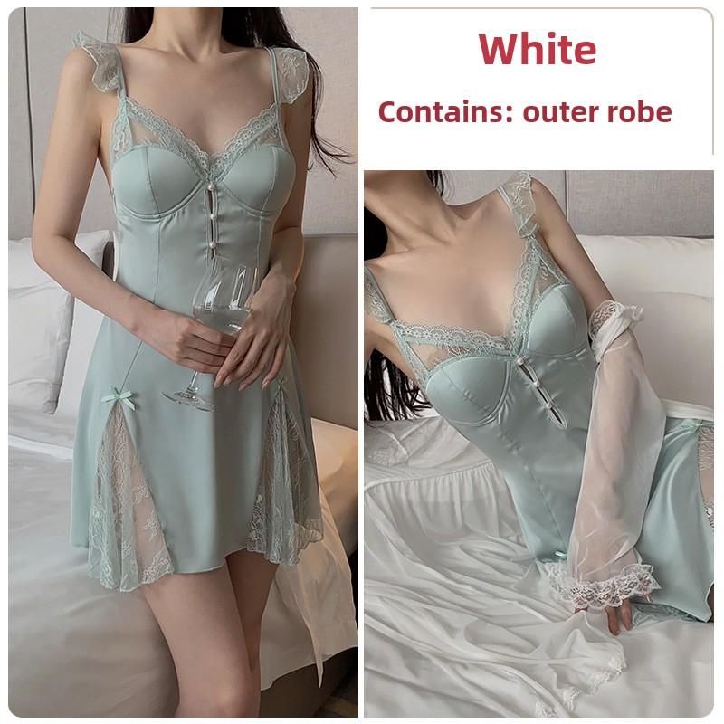 

Атласне поєднання мережива, прозорий, сексуальний глибокий V, з пуш-апом, на бретелях, нічна сорочка, халат, домашній комплект one size