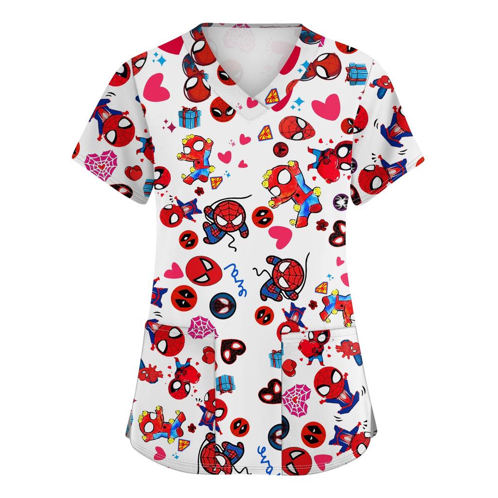 Women's Fashion V-neck Short Sleeve Workwear With Pockets Printed Tops
