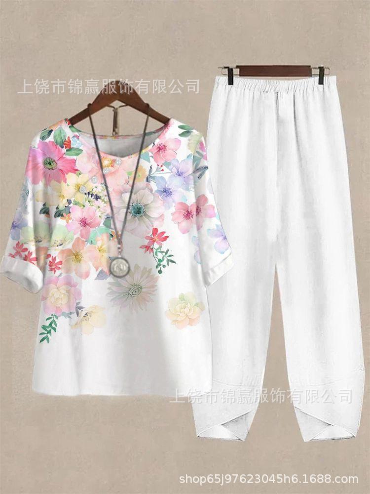 Spring and summer national style bamboo leaf plant printed women's clothing, breathable round neck medium sleeve top, elastic waist loose eight-point