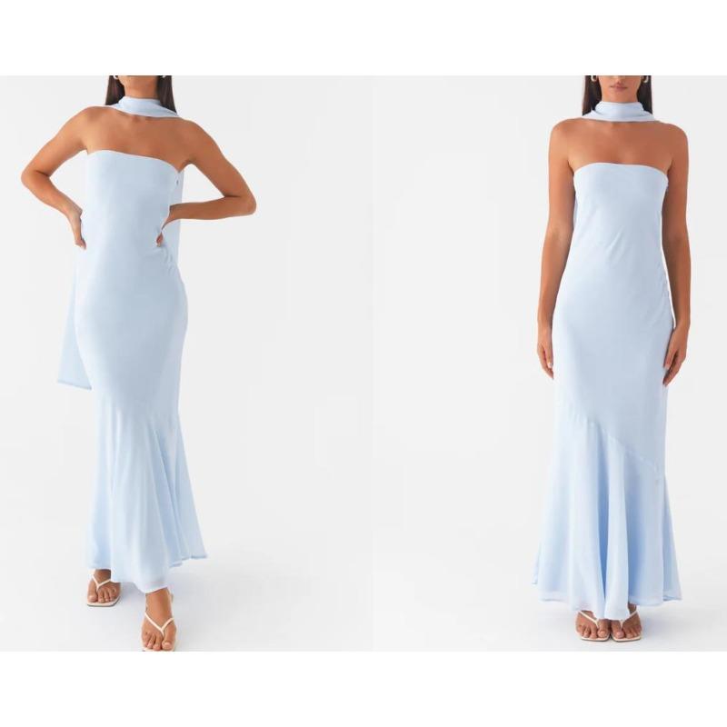 Europe, America, Amazon Spring and Summer New Temperament Socialite Satin Backless Tube Top Digital Printing Dress