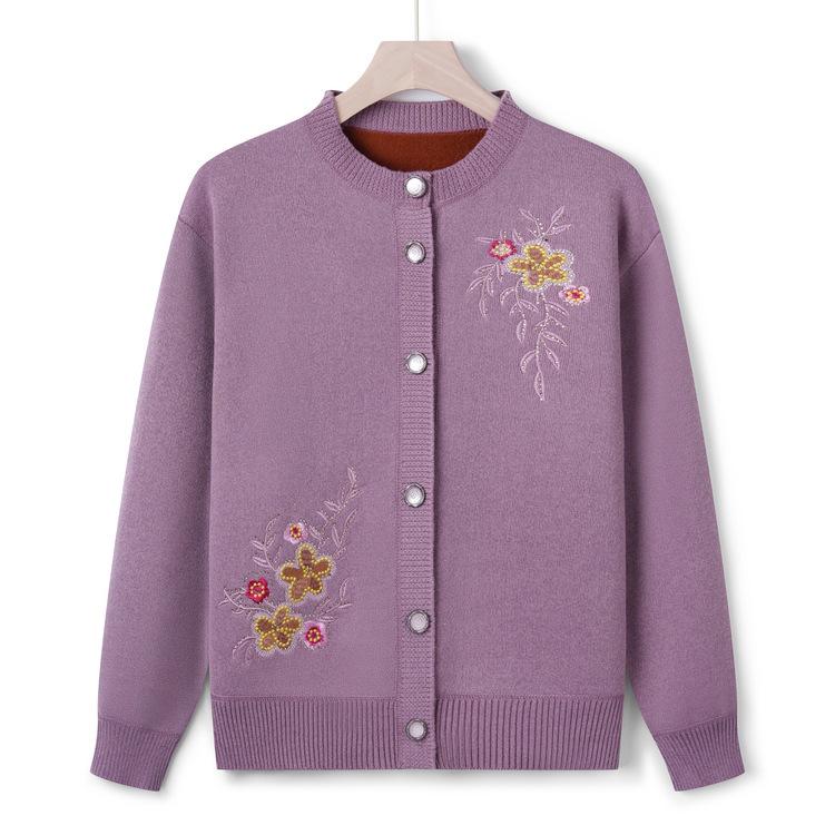 Middle-aged and Elderly Women's Sweater Jacket Female Mother's Autumn Clothes Plus Undress Embroidered Business Elderly Grandma Clothes