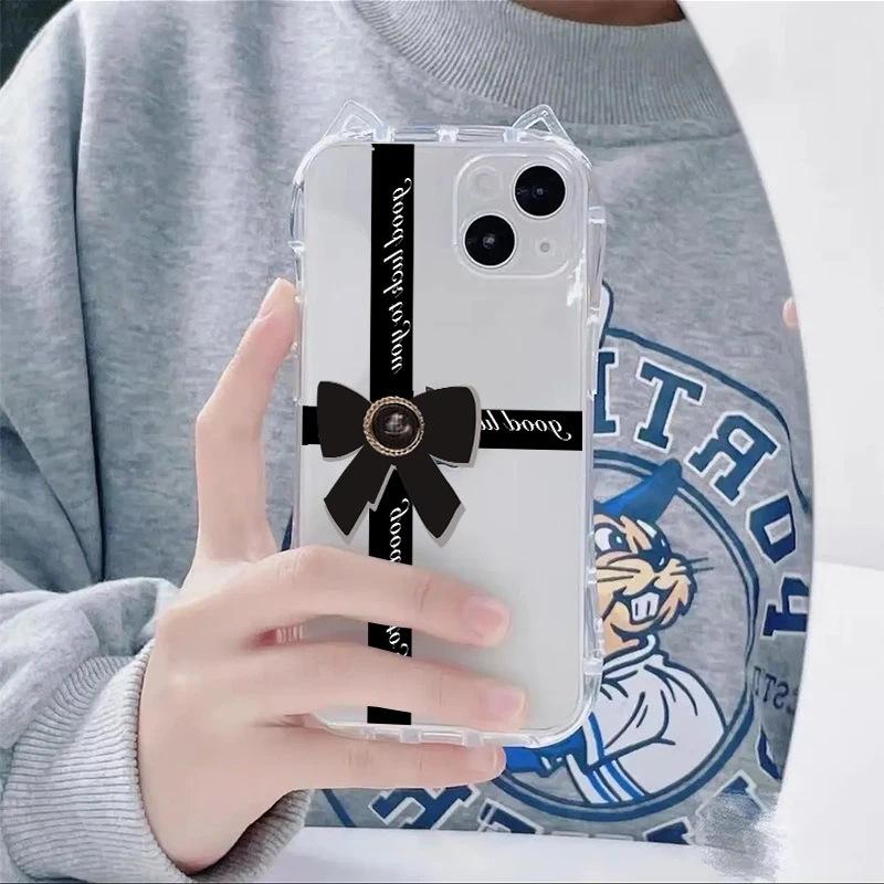 Light Luxury Black Bow for iPhone17 Cat Ears Mobile Phone Case Apple 16/15 Transparent Air Personality 14 Soft