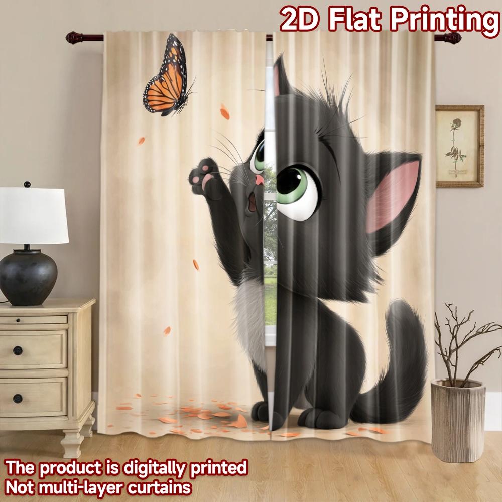 2D flat printing 2pcs Window Curtains Cute black kitten butterfly Digital Printed Polyester Drapes Party Decorations Perfect for