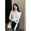 Fashion Off-the-shoulder Long Sleeved Knitted T-shirt Spring Autumn Black Oblique Collar Short Inner Casual Tshirs Elegant Basic Slim Fit Clothing