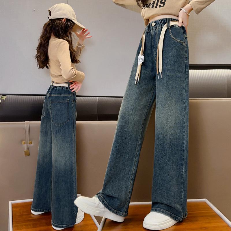 Dívčí rovné nohavice široké nohavice džíny na jaro a podzim dětské dívčí kalhoty dlouhé kalhoty