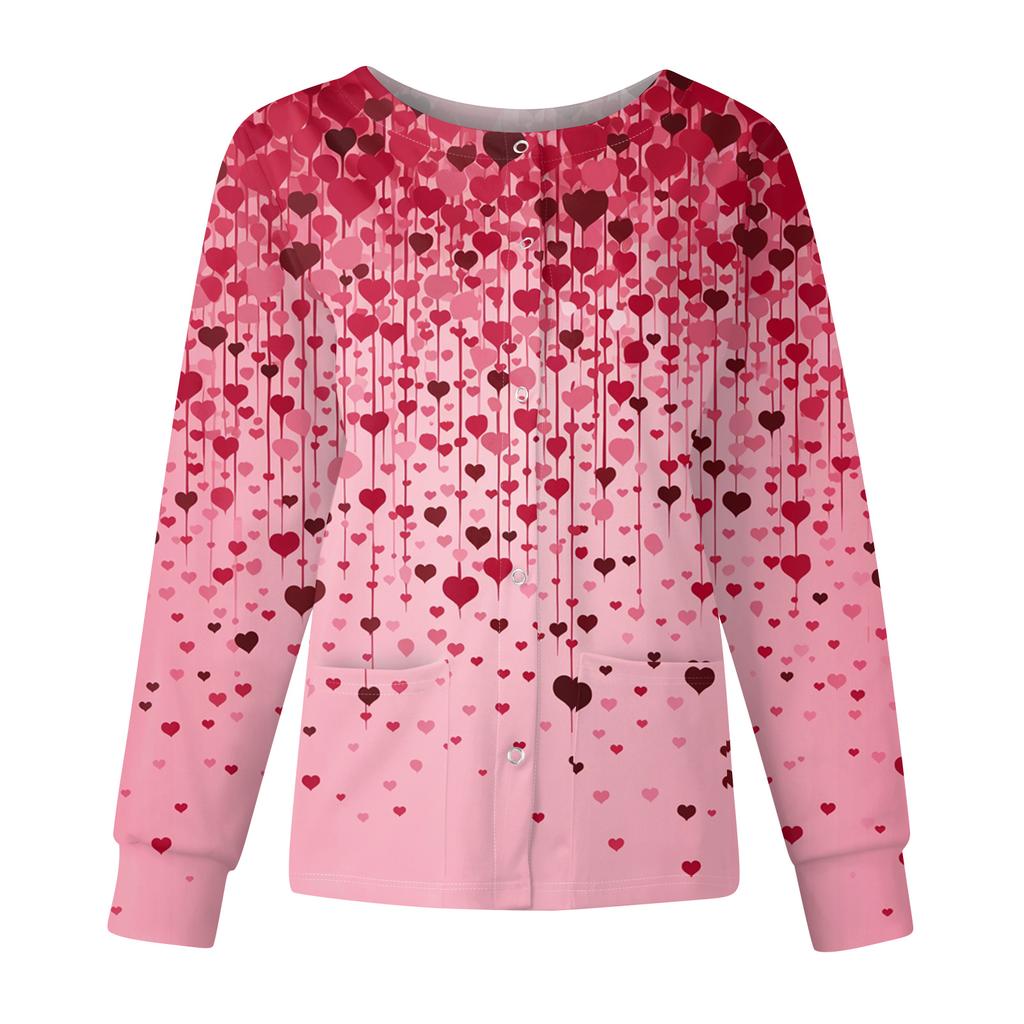 Women's Casual Fashion Long Sleeve Standing Collar Single Breasted Valentine's Day Print Workwear Jacket Tops