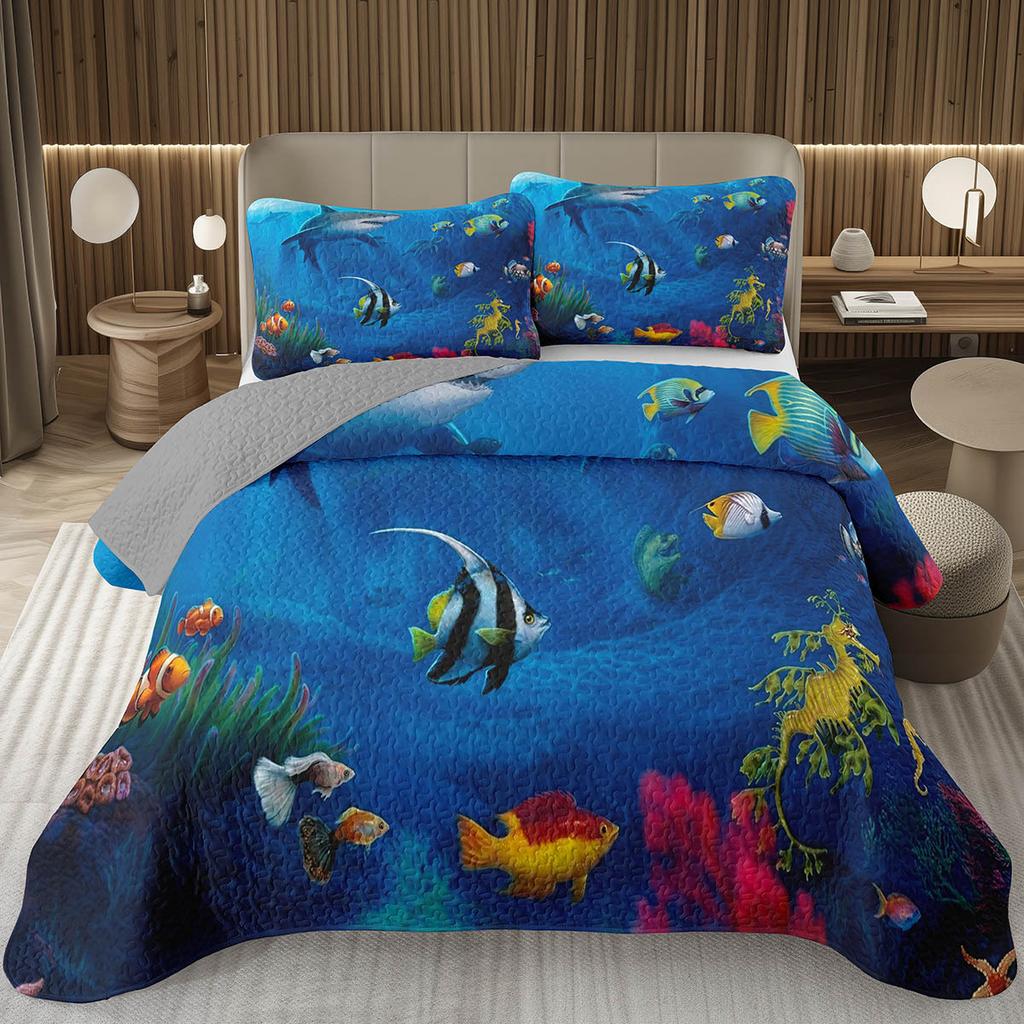 Fish Bedspread Twin Queen Ocean Marine Theme Coverlet Set for Boys Girls Teens Room Soft Lightweight Sea Animal Quilted Bedding