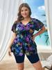 European & American Plus Size Floral Tankini Swimsuit Set - Dark Blue Skirt & Boxer Briefs