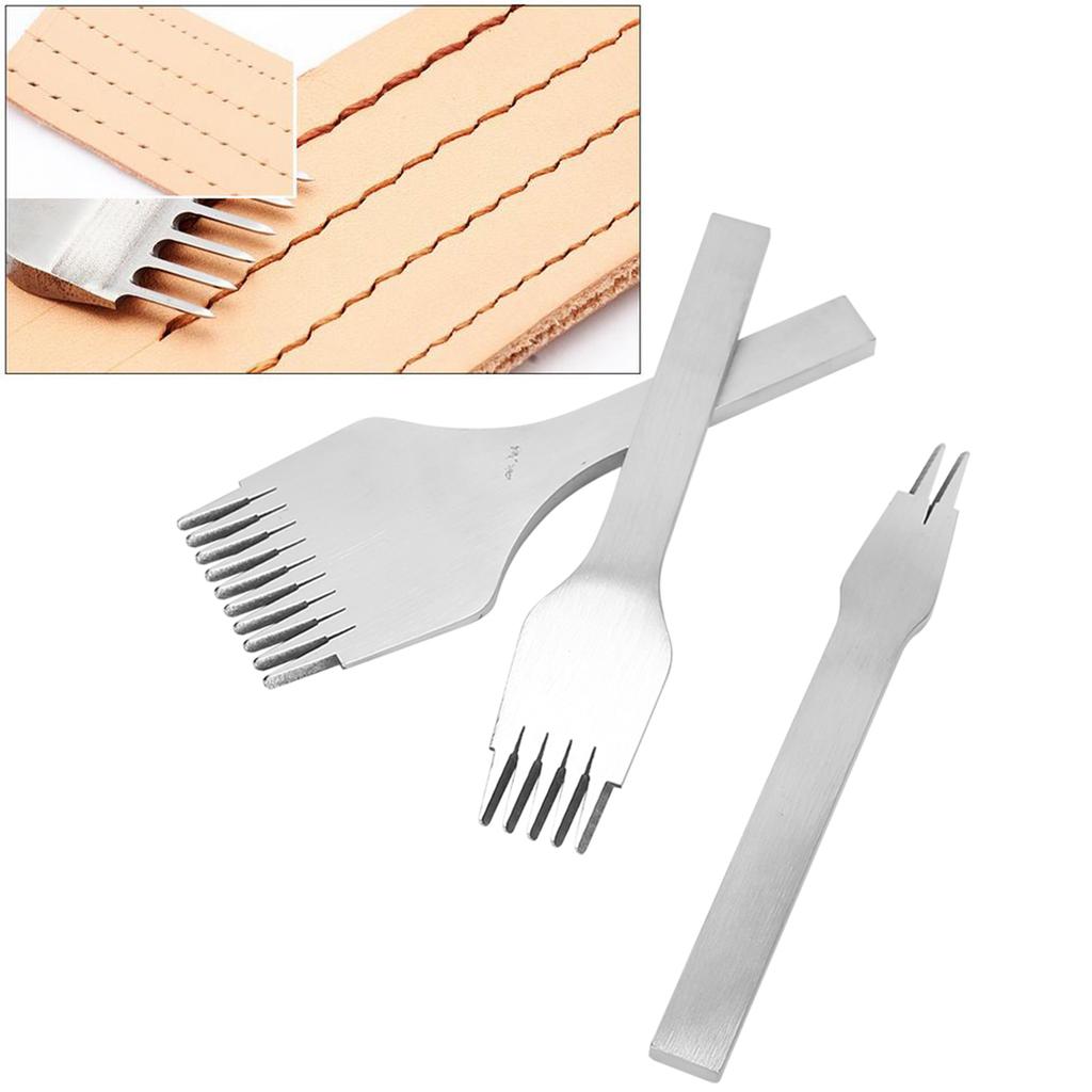 3ks Ocelové kožené dláto Děrování 2+5+10 hrotů DIY Ručně vyráběná kožená galanterie Sada nástrojů(3 mm 0,12 palce