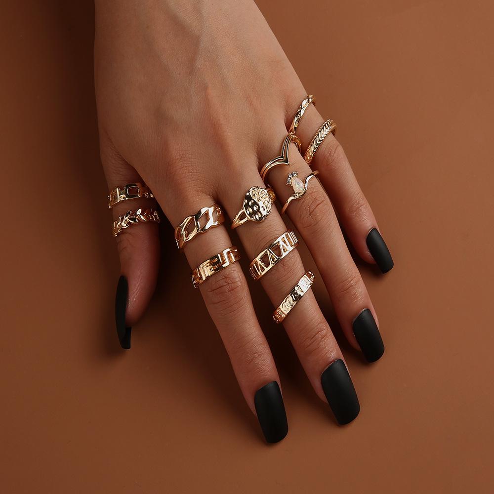 Golden Ring 11-Piece Set, Simple Style, Fashionable And Creative Retro Geometric Ring Set