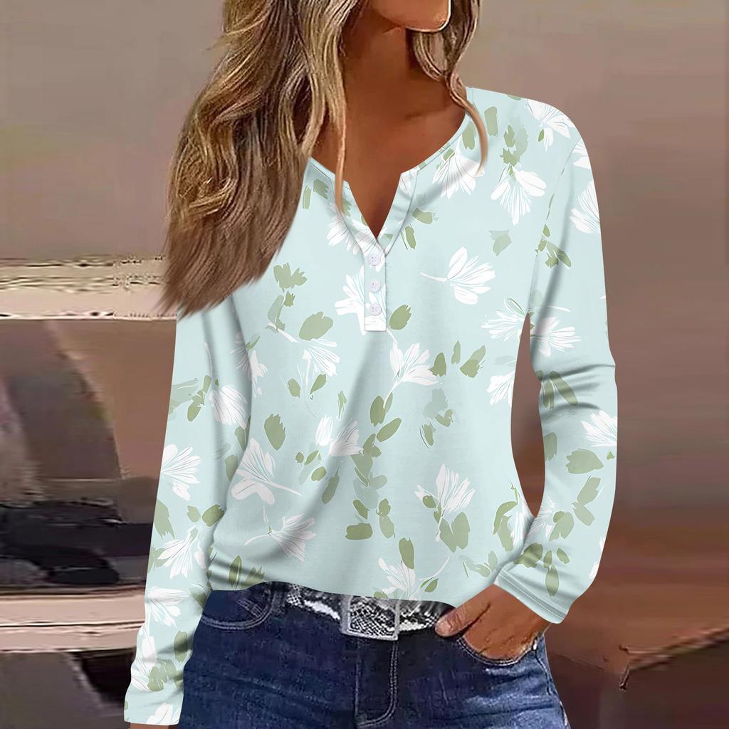 Dámská móda Ležérní květinový potisk Tričko s dlouhým rukávem, výstřihem do V, knoflíčkem, Top s dlouhým rukávem