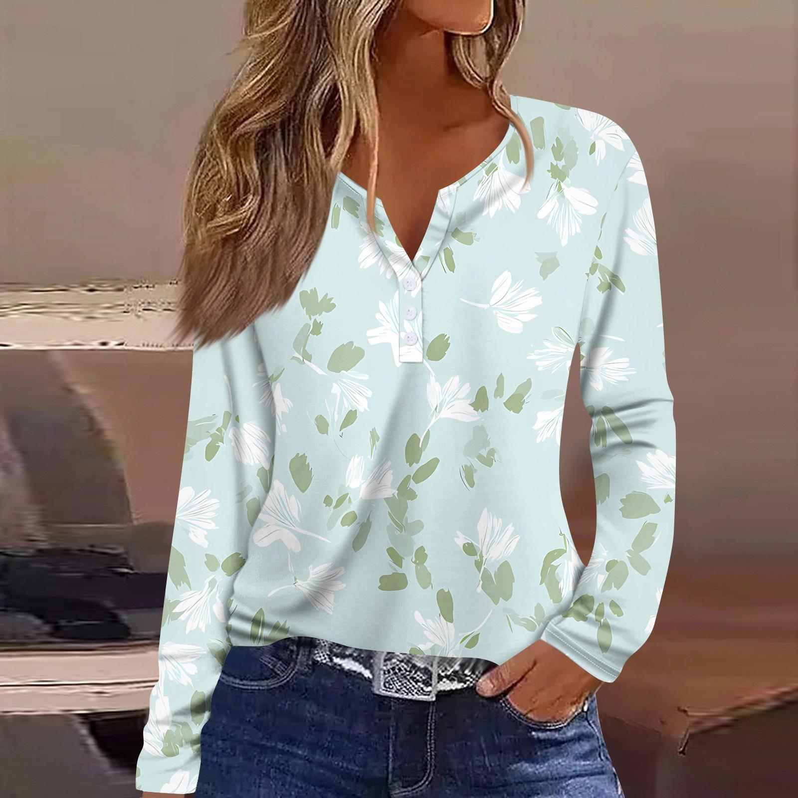 

Женская мода, повседневная футболка с цветочным принтом, V-образным вырезом, длинными рукавами и пуговицами, топ с длинными рукавами XL
