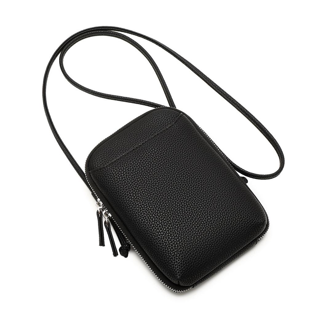 New Lychee Pattern Soft Leather Vertical Zipper Mobile Phone Bag Niche Design Large Capacity Women's Shoulder Messenger Bag