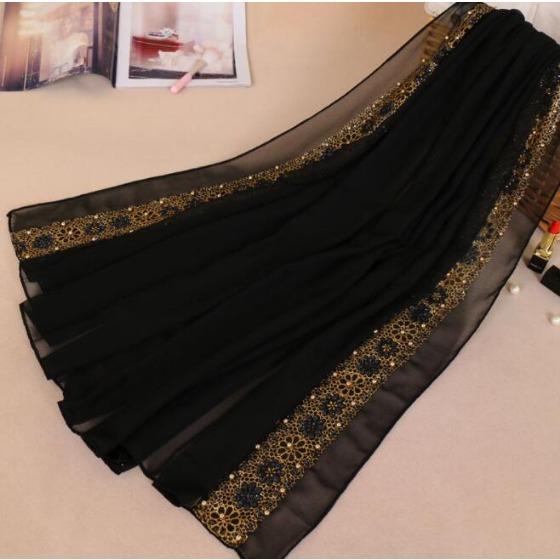 180*85cm women's lace chiffon silk gold beads scarf glitter floral plain hijab muslim pearl nice 9 color scarves/shawls