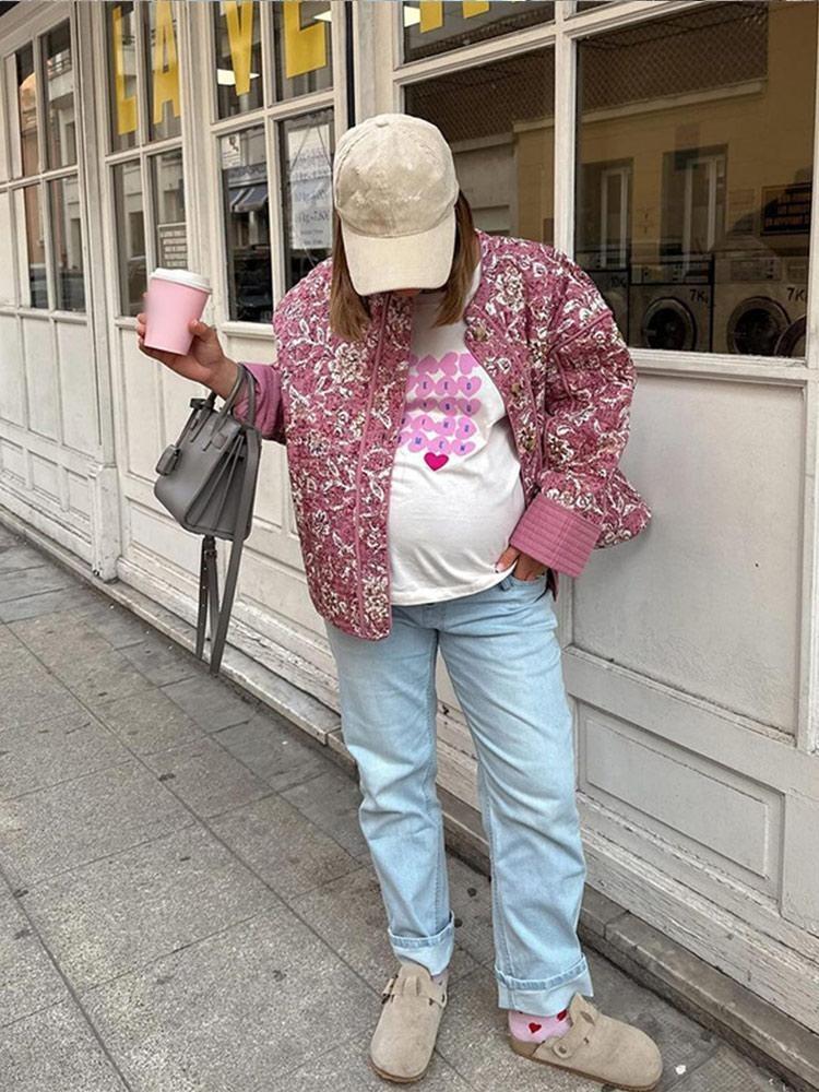 Fall Winter Fashion Female Casual Outerwear Vintage Korean Long Sleeve Jacket Floral Print Thickened Cotton Coat Quilted Stand Collar Loose