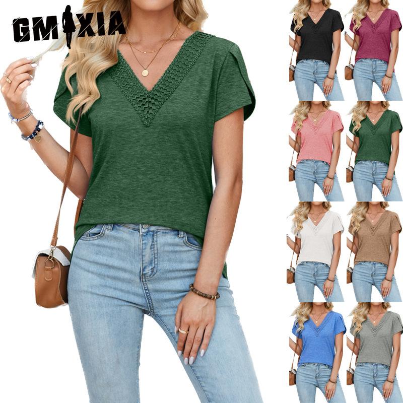 GMXIA Women's Fashion Casual Solid Color Print Short Sleeve V Neck Blouses & Shirts