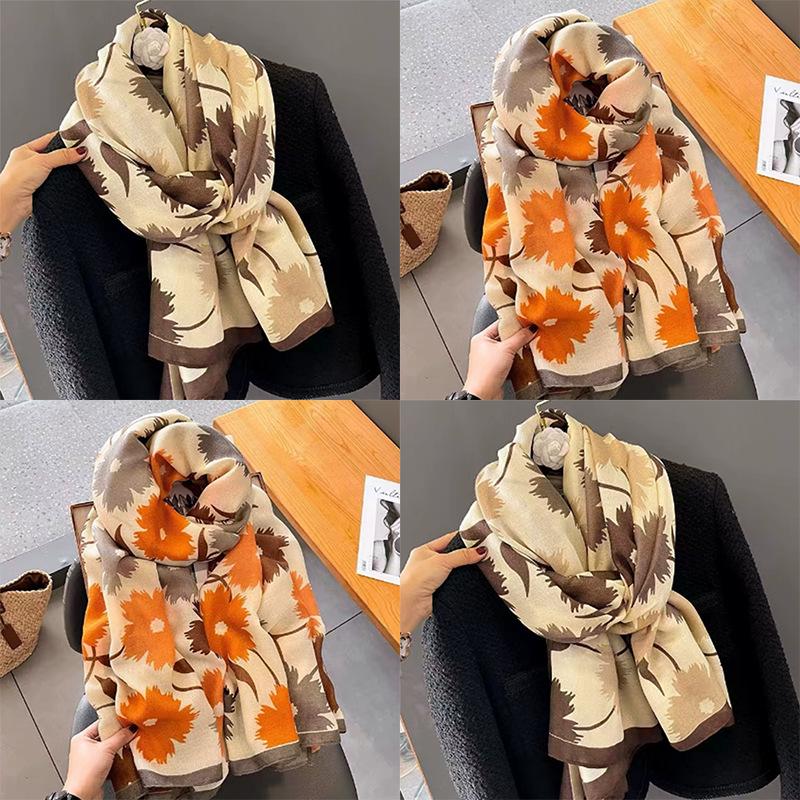 Korean Style Floral Cotton Linen Scarf - Versatile Autumn/Winter Shawl for Women