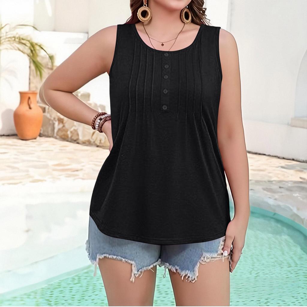 Women Sleeveless Button Detail Pleated Front Tank Top Casual Loose Fit Round Neck Summer Blouse Soft Lightweight Fabric