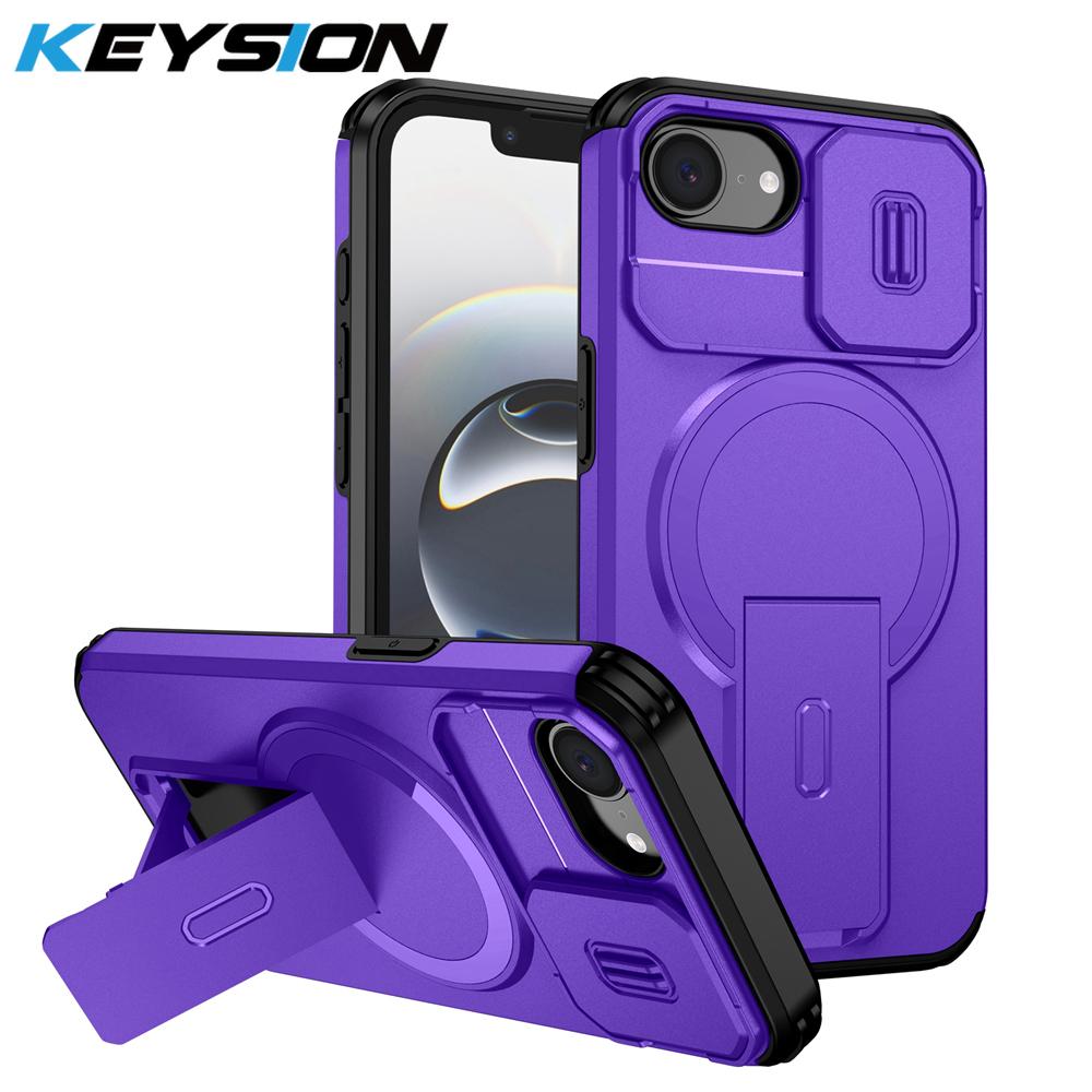KEYSION Shockproof Armor Magnetic Case for iPhone 16e Silicone+PC Slide Camera Protect Kickstand Wireless Charging Phone Cover