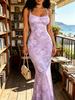 Women's Modern Elegant Casual Fashion Summer Clothing Suspender Bodycon Mermaid Dress with Light Purple Base and Pink Purple Floral Print Pattern