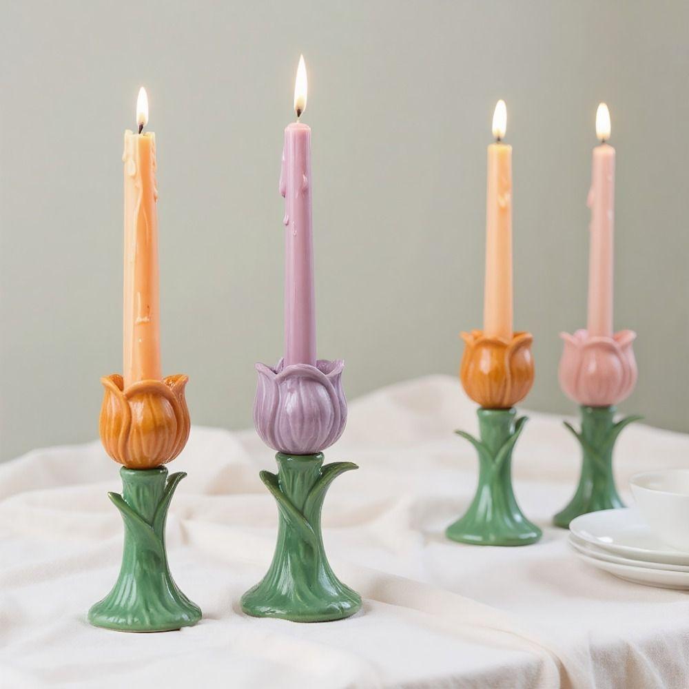 Portavelas Tulipán Estilo Nórdico Diseño Simple Portavelas Hecho a Mano con Forma de Flor Creativo Decorativo Cerámica Soporte para Velas Tulipán