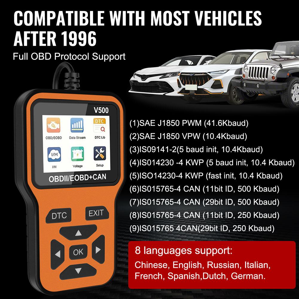 V500 Code Reader Read Vehicle Information Check Engine System Car OBD2 Diagnostic Tools OBD II Scanner Battery Tester Fault Code Clear Universal