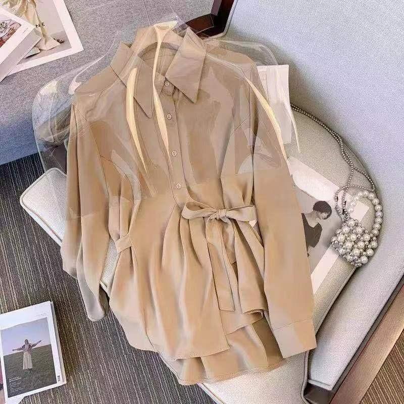 Bowknot Lace-up Women's Shirt All Season Solid Color Bright Thread Decorated Tops Temperament Turn Down Collar Clothes