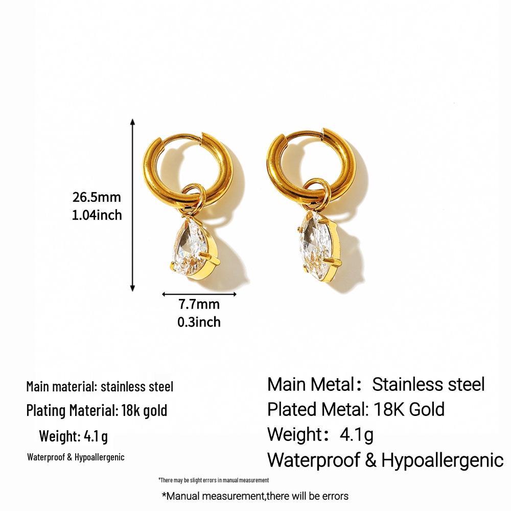 European & American Style Zircon Water Drop Earrings - High Polished Stainless & Titanium Steel, Vacuum Plated 18K Gold, Waterproof.
