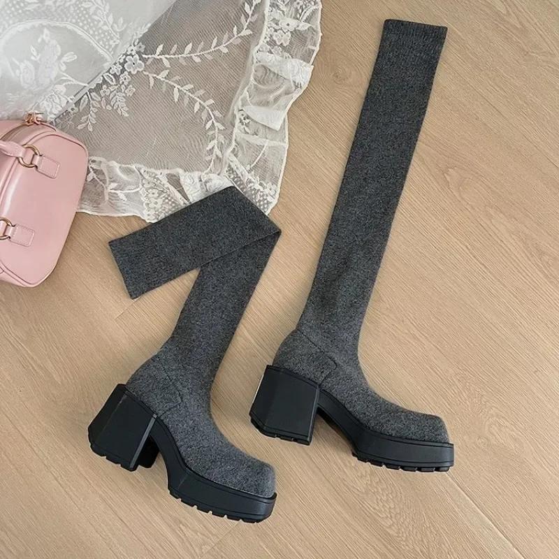 

Fashion Size 35-40 Winter Sexy Women s Over The Knee Sock Boots Stretch Knitted Thick Heels Long Boots Woman Slip on Platform Shoes 40 серый