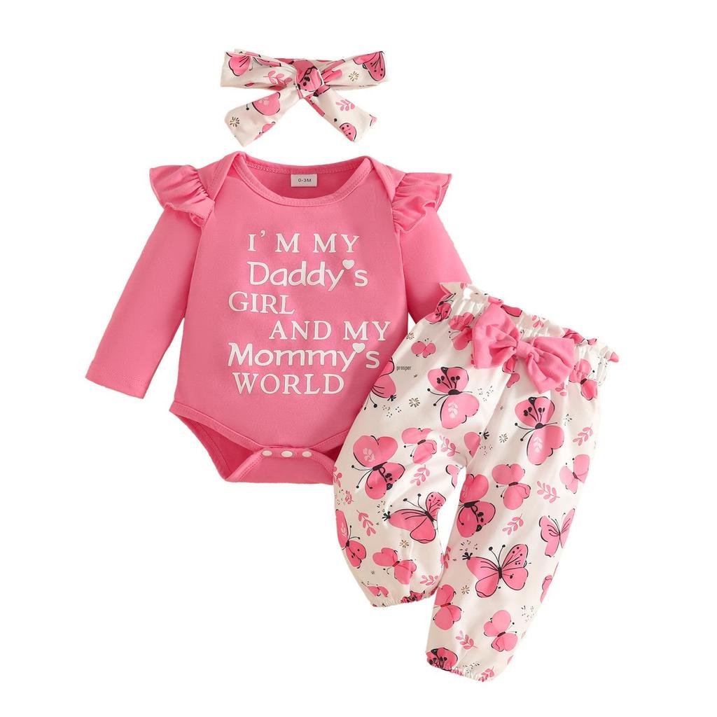 2026 Autumn Baby Girl Long-Sleeve Bodysuit, Bow Floral Pants & Headband Set