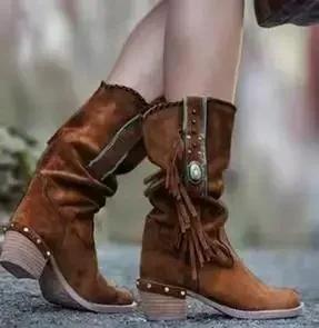 Bohemian Mid-calf Boots Women New 2026 Winter Ethnic Rivet Tassel Boots Woman Faux Suede Pointed Thick Heel Shoe Booties Female