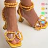 Fashion Ladies Pink Blue Pearl Bow Sandals Wine Glass Heel Shaped Heel Square Toe Large Size 37-42 Pearl Ankle Strap Sandals Footwear