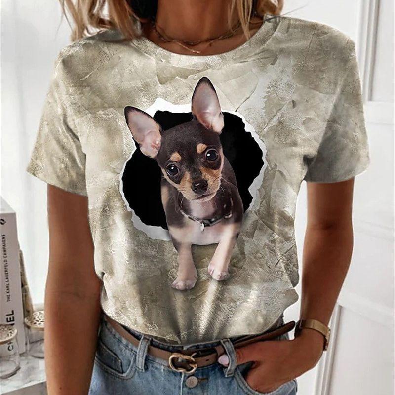 Sommar 3D-tryckt Katt Hund Kortärmad T-shirt Casual Lös Rund Hals Dammode Topp T-shirts Dam