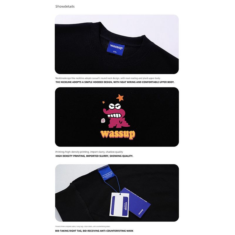 Wassup Mr. Crocodile American-Style Heavyweight Crewneck Sweatshirt for Men, Autumn and Winter, Loose Casual Trendy Versatile Fleece-Lined Top