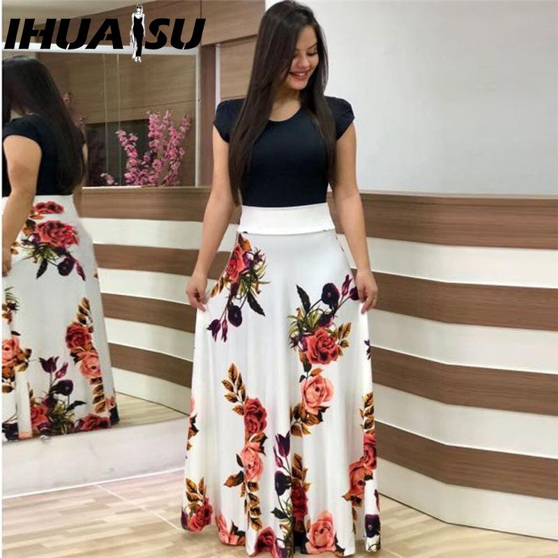 IHUASU Floral Print Patchwork Short Sleeve Bohemian Dress Women Summer O-Neck Big Swing Long Dresses