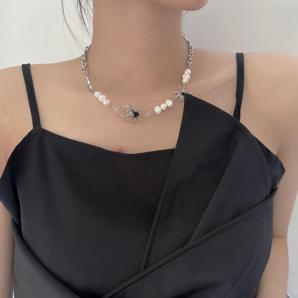 Antique Silver Color Clavicle Chain Stainless Steel Beads Chain Spider Necklace Men Women Jewelry