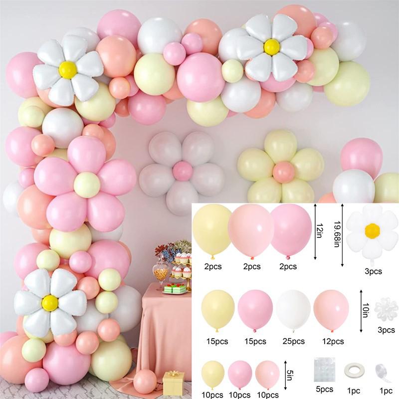 Colorful Macaron Daisy Wedding Dessert Table Decoration Set with Balloon and Flower Garland