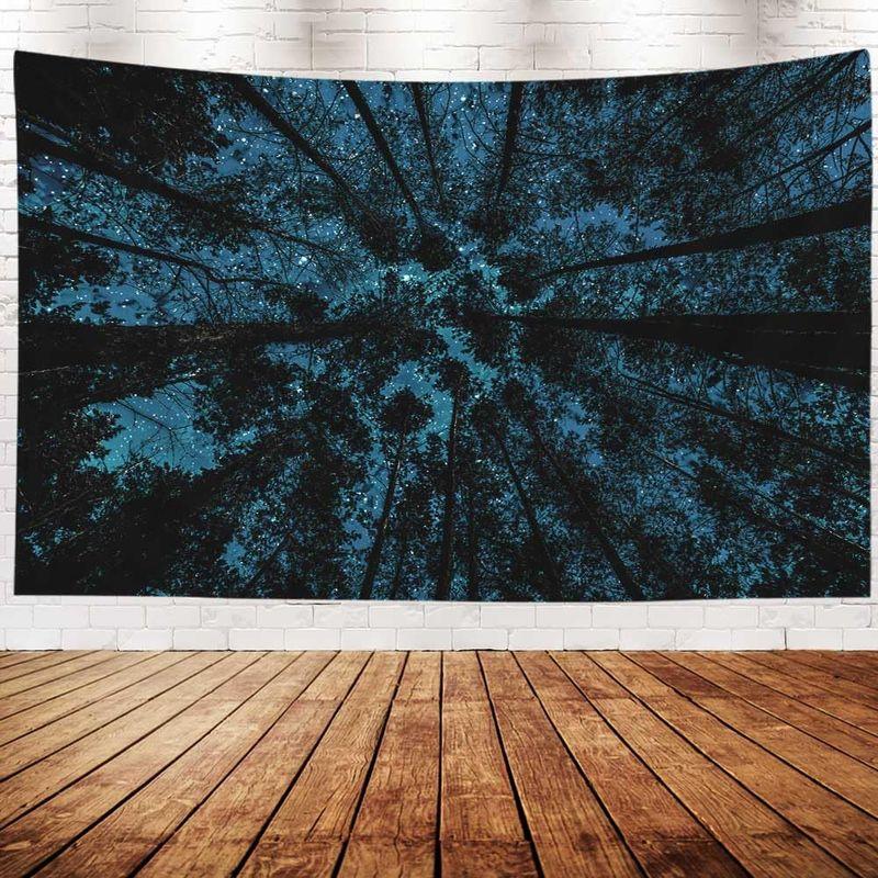Looking Up Forest Starry Night Sky Wall Tapestry Tall Pine Tree Blue Cosmic Nature Landscape Scenery Bedroom Living Room