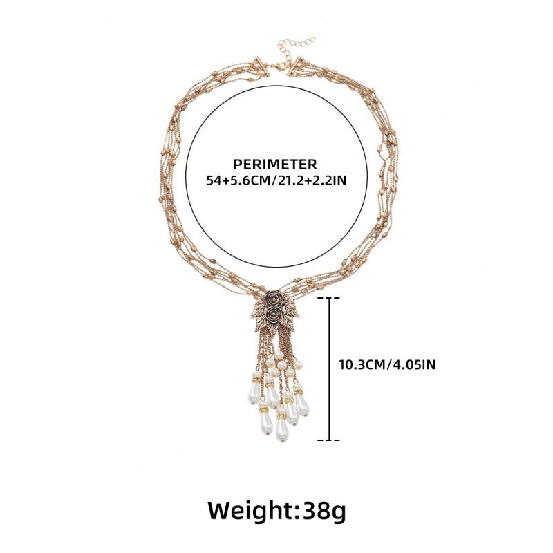 Vintage Floral Pendant Necklace With Alloy Pearl Tassel Charm Gold Tone LayeredChain Women