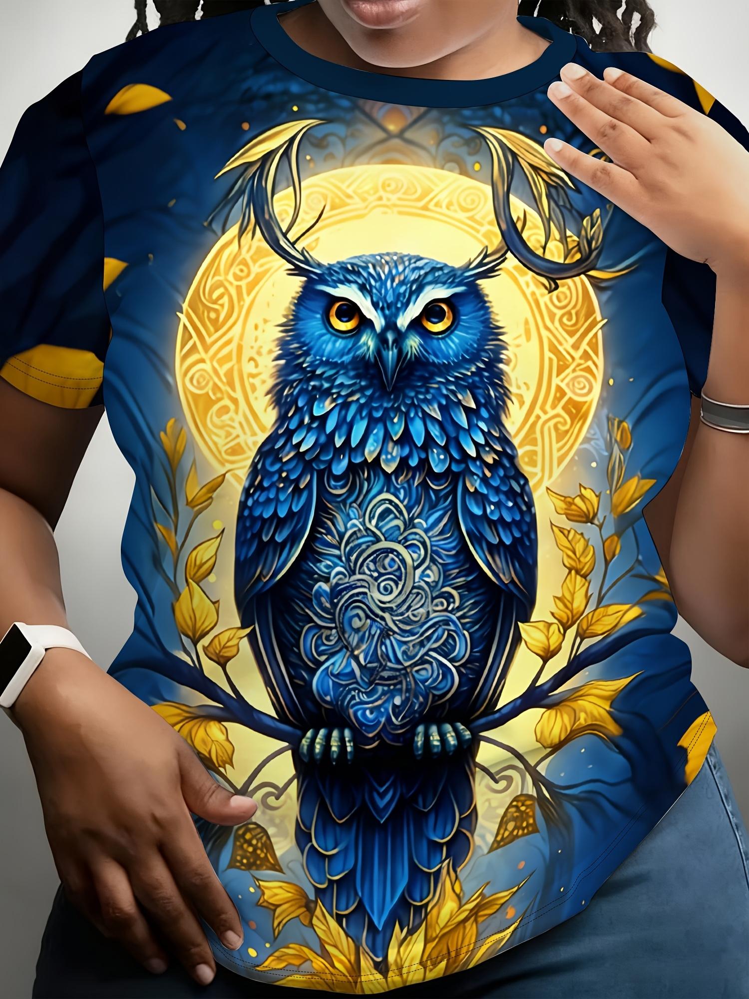 

Women s Blue ; Golden Owl Print T-Shirt - Soft Round Neck Short Sleeve Blouse-Compatible Top Suitable for Home. S. Casual Wear Machine Washable Sprin 3XL