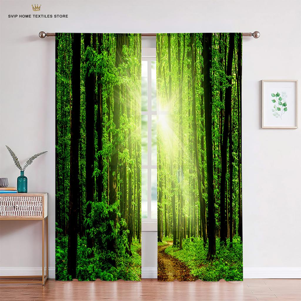 Woodland Forest Foliage Sunbeams Tulle Curtains, Sheer Voile Curtains, Window Decor, Living Room, Bedroom, Kitchen