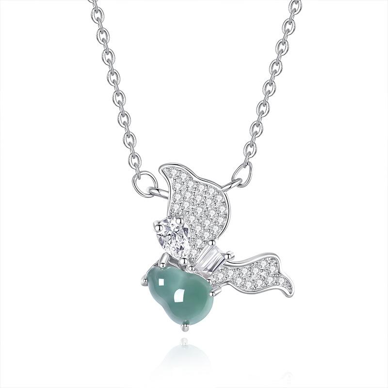 

New Chinese natural blue water jadeite butterfly pendant niche collarbone chain s925 sterling silver full diamond flash necklace women