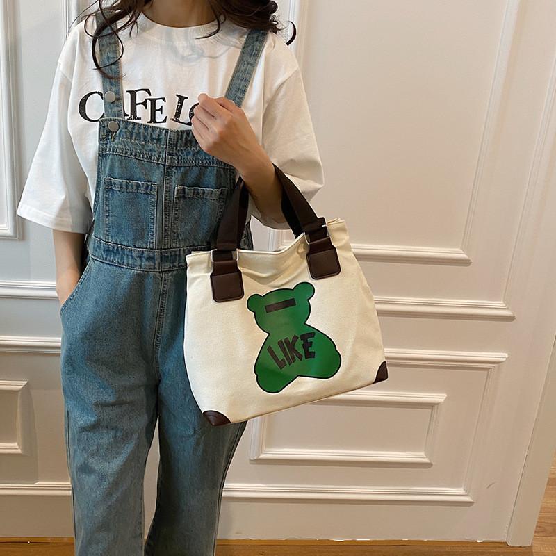 Adorable Cartoon Canvas Tote Bag Large Capacity Casual Handbag For Students