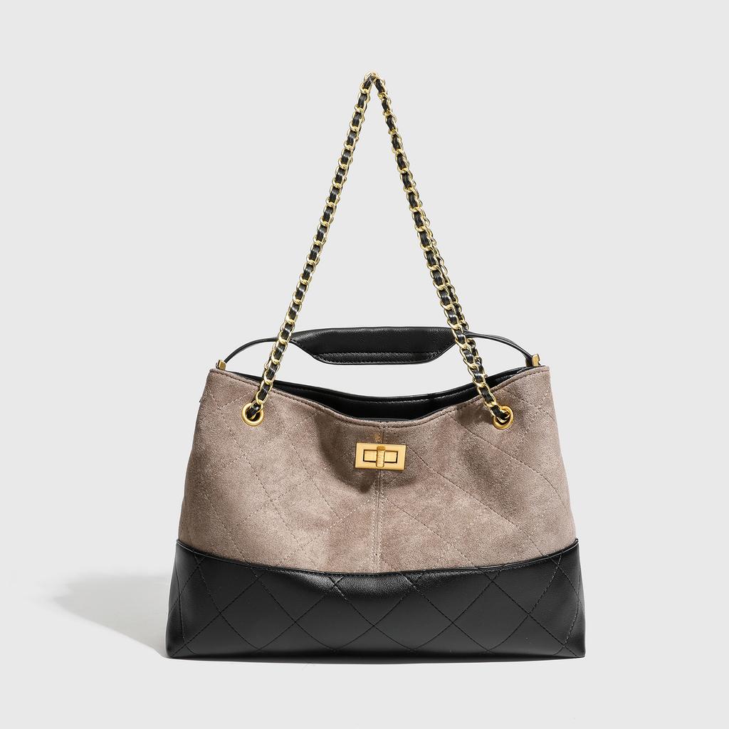 2025 New Model Color-Block Suede-Style Quilted Chain Frosted Leather Underarm Bag, Handbag, Shoulder Bag, Crossbody Bucket Bag