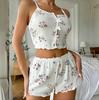 2024 Heart Print Color Block Camisole Pajama Set with Front Slit