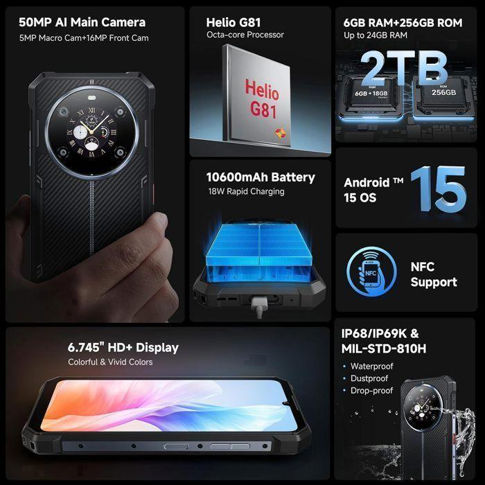 FOSSiBOT F109S — Smartphone incassable 4G Android 15, 24Go/256Go, 6.745", 10600mAh, IP68/IP69K