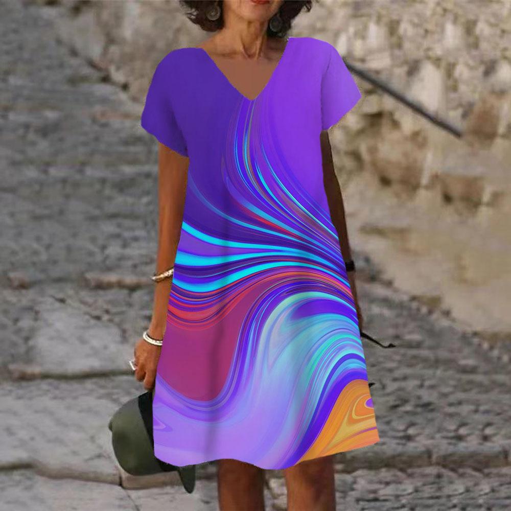 Tie Dye Regenbogenprint Damenkleid Elegant Süß Lässig Kurzarm V-Ausschnitt A-Linie Kleid Sommer Mode Oversized Kleidung Damen